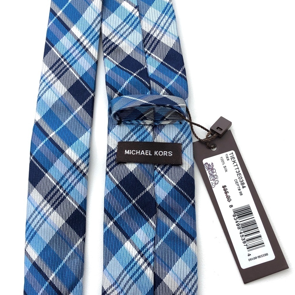MICHAEL KORS Boys White Blue Plaid Slim 100% Silk Neck Tie - Picture 2 of 4